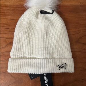 Karl Lagerfeld White Knit Beanie with Pom Pom